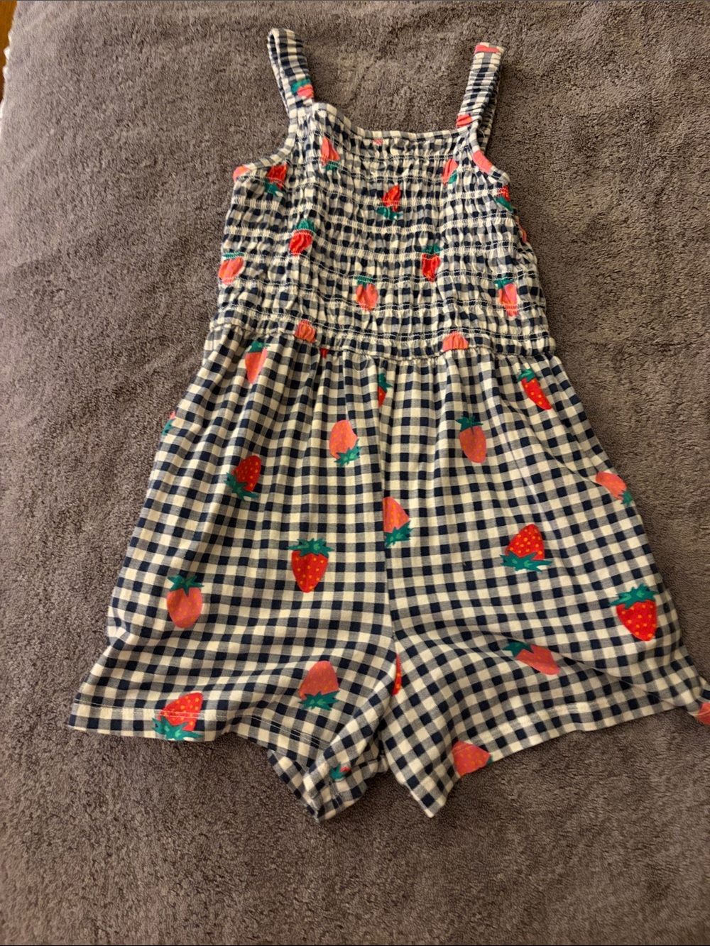 Old Navy Navy and White Gingham Romper with Red Strawberry Print